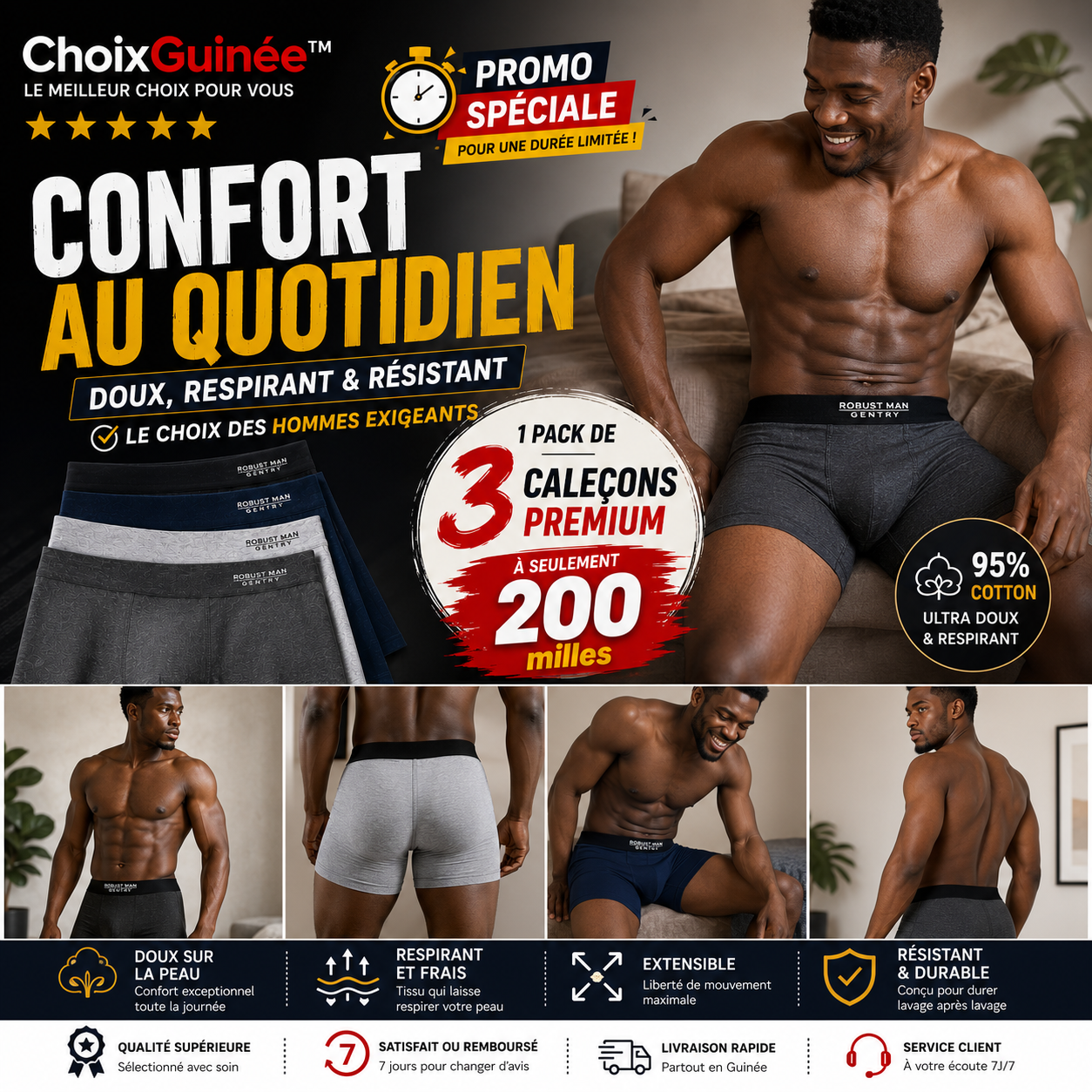 3 Premium Caleçons 95% COTTON