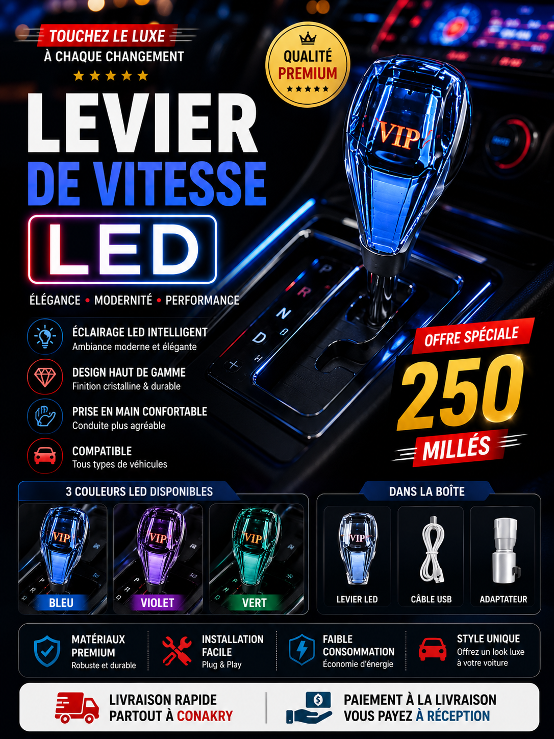 Poignée Universelle en Cristal pour Voiture avec LED