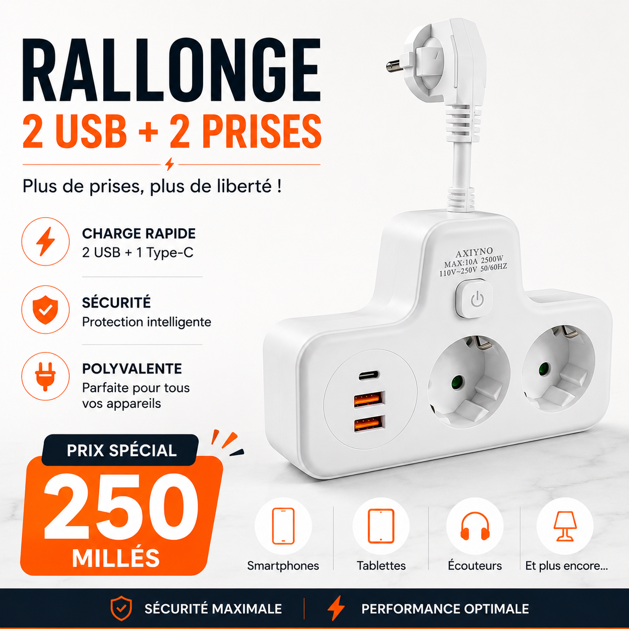 Multiprise Murale 5 en 1 avec USB et Type C