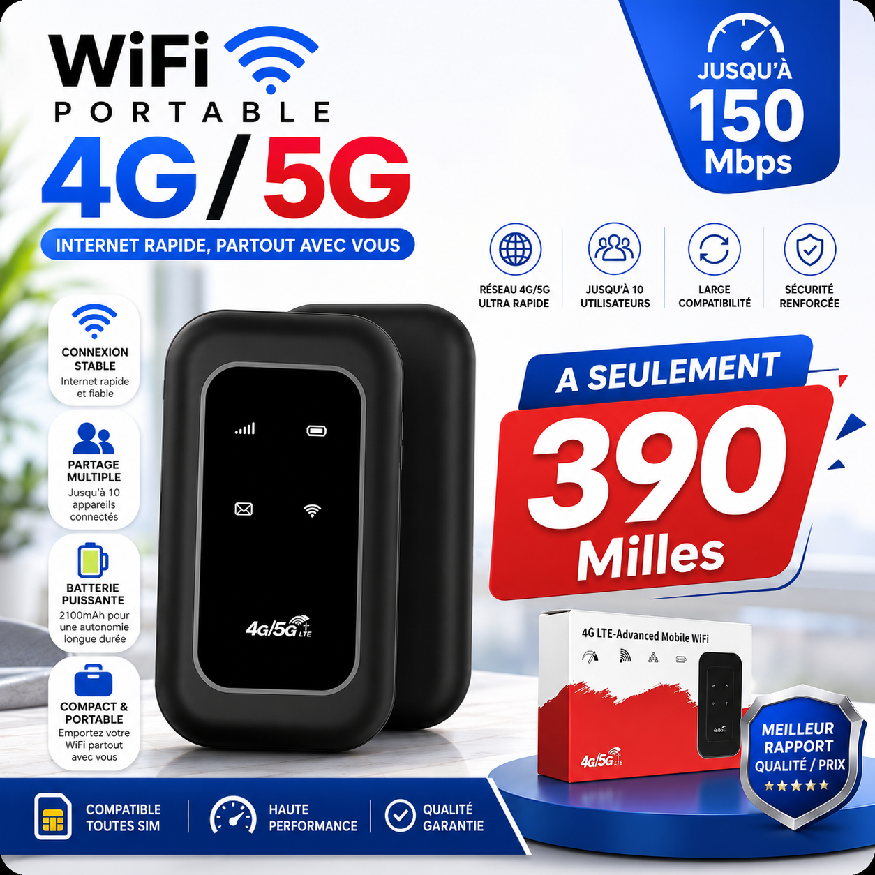 Routeur WiFi Portable Rechargeable 4G/5G – Compatible Toutes Cartes SIM